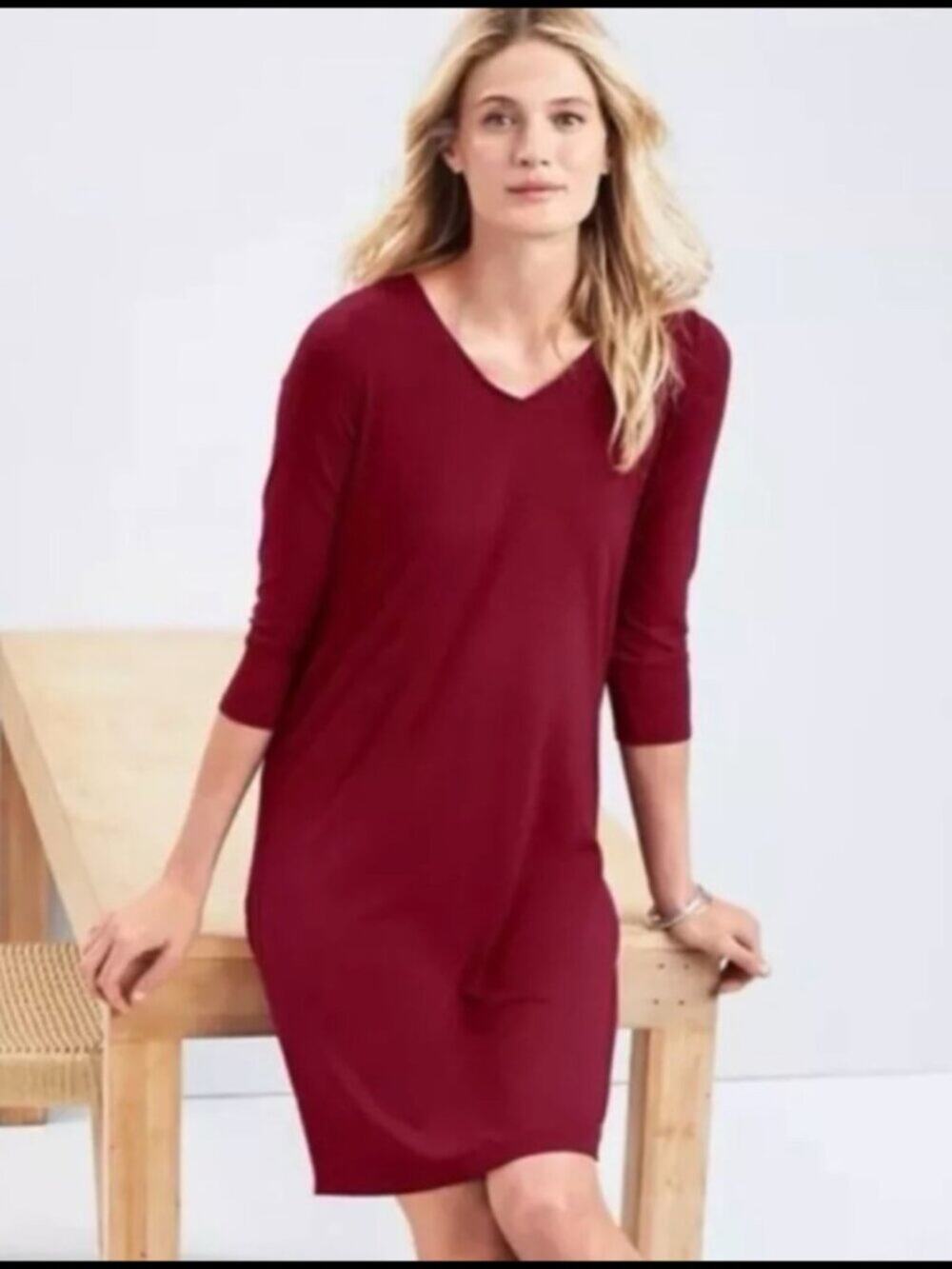 Eileen Fisher Burgundy Viscose Jersey V-Neck Dress 3/4 Sleeve M Stretch Knit